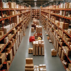 A spacious warehouse filled with neatly stacked boxes and shelves lined with merchandise.