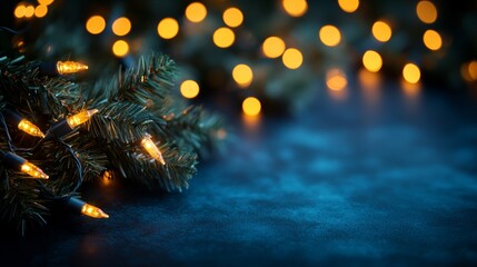 holiday illumination and decoration concept, Christmas garland bokeh lights over dark blue background
