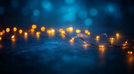 holiday illumination and decoration concept, Christmas garland bokeh lights over dark blue background
