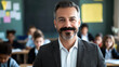 © Nattapol - confident male teacher with mustache stands in front of classroom, engaging with students. His warm smile and professional attire create positive learning environment