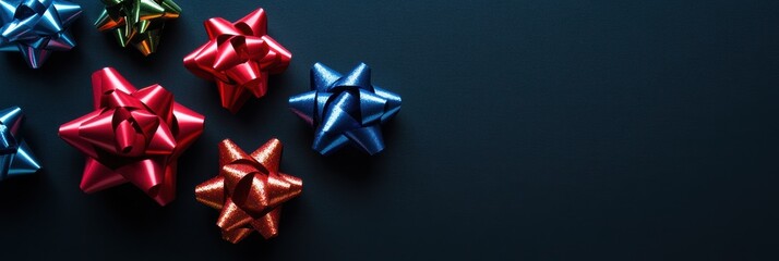 Poster - Vibrant gift boxes adorned with glossy bows sit elegantly against a dark backdrop, adding a festive touch to any celebration. Generative AI