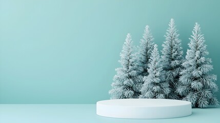 Snowy Podium with Frosty Pine Trees in Scenic 3D