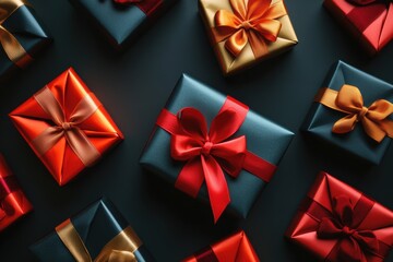 Aufkleber - A colorful assortment of gift boxes with bright bows is artfully arranged, creating a joyful atmosphere perfect for celebrations. Generative AI
