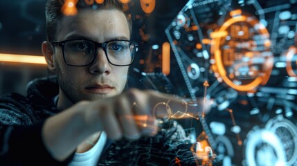 Man Interacting with Holographic Interface