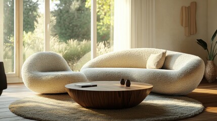 Sofa, a curved sofa with two armchairs in the living room interior of a modern home decor, featuring a fluffy white fabric texture and a neutral color scheme.