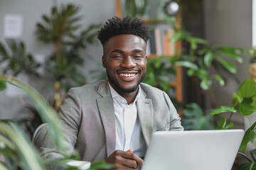 Happy businessman smiling with tablet, phone, and laptop inside the modern office.