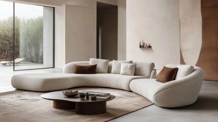 Sofa, a curved sofa with two armchairs in the living room interior of a modern home decor, featuring a fluffy white fabric texture and a neutral color scheme.