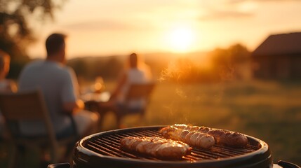 Family and Friends Gather for a Delicious Sunset Barbecue in a Scenic Outdoor Setting Together. Happy Sunday Life Concept