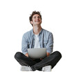 © K'kriang Krai - Full-body photo of a happy man sitting on the floor with a laptop, against a white background