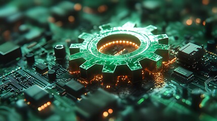 A glowing green cog sits atop a circuit board, representing technological innovation and progress.