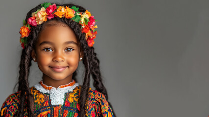 African little girl in traditional bunad folk costume isolated on gray