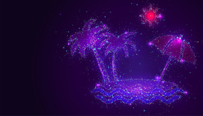 Silhouette of a beach scene made of glowing, multicolored dots, resembling stars. Vibrant particles from palm trees, sun, and waves, symbolizing relaxation, warmth, and the bliss of a coastal getaway.