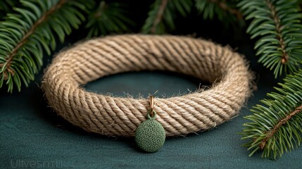 A rustic rope wreath adorned with a green ornament, surrounded by evergreen branches, evoking a cozy, natural aesthetic.