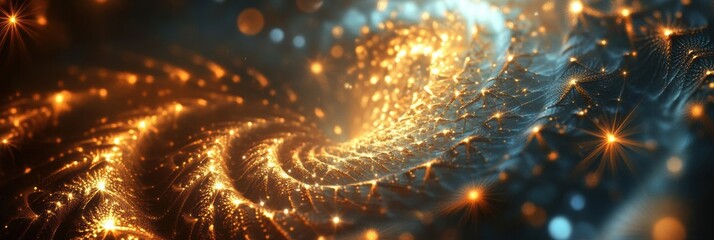 Wall Mural - Intertwining golden spirals and stars create a mesmerizing display of light and shadow against a dark backdrop, evoking a festive atmosphere. Generative AI