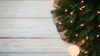 A cozy, festive scene featuring a Christmas tree corner with twinkling lights and a warm candle on a rustic wooden surface.