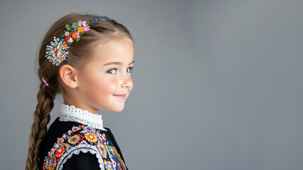 French little girl in traditional bunad folk costume isolated on gray