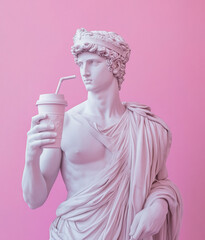 Ancient statue of a man holding a take-away coffee cup