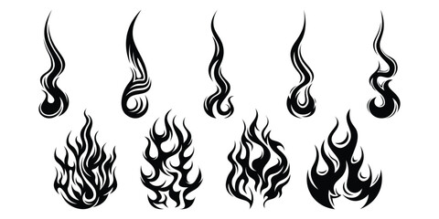 Silhouette Fire flames. Old school tattoo neo-tribal style or silhouette flame for cars. set vector icons. Fire sign. Fire flame icon isolated on white background. Vector illustration