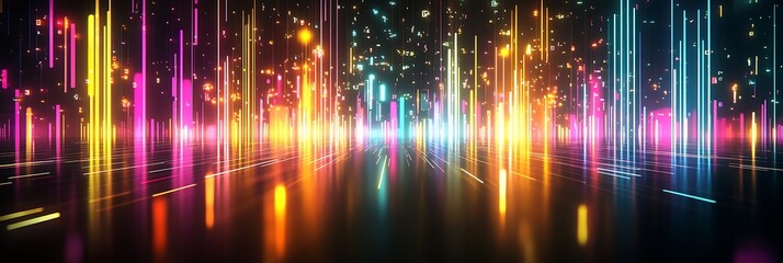 Fototapete - Colorful Vertical Neon Light Trails on a Reflective Surface with Sparkling Effects : Generative AI