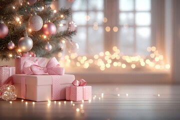 Christmas morning with gifts under the tree, perfectly tied bows and shiny wrapping paper, flat design illustration