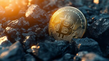 A 3D illustration of a Bitcoin mining concept, featuring elements like digital coins, mining rigs, and computer graphics. 
