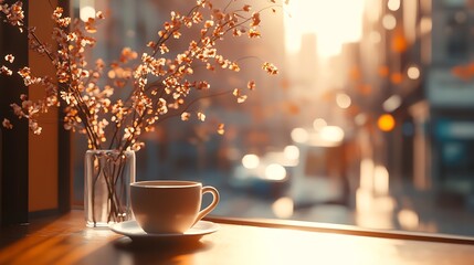 Aufkleber - Peaceful Urban Café with Blossoms and Morning Coffee in Soft Light : Generative AI