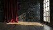 © Mas - Interior Design of empty room with black granite walls and dark red curtains, AI generated image