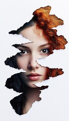 Wall Mural - Creative Portrait of a Woman Emerging Through Torn Paper with Red and Black Hair : Generative AI