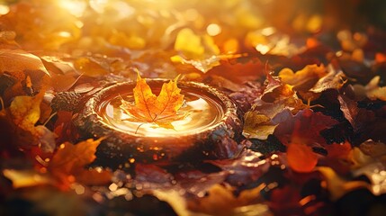 Wall Mural - A serene autumn scene captures a shallow puddle surrounded by vibrant, fallen leaves. The puddle reflects the soft golden light of a sunset, while a single orange maple leaf floats in the center. Vari