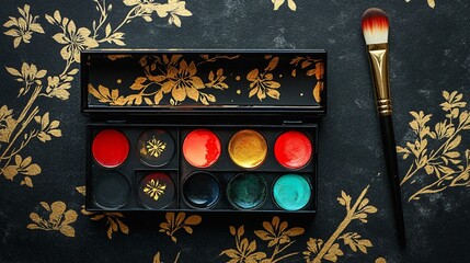 A compact, portable watercolor paint box with a brush, isolated on a matte black background with delicate golden floral designs