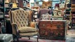 © Dara - An antique store filled with vintage furniture, including a velvet armchair and a wooden chest.