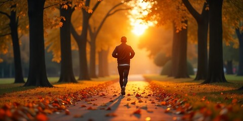 Wall Mural - Man runs towards the sunset in autumn