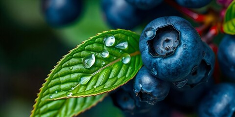 Sticker - Close-up of blueberries with dew drops on a leaf