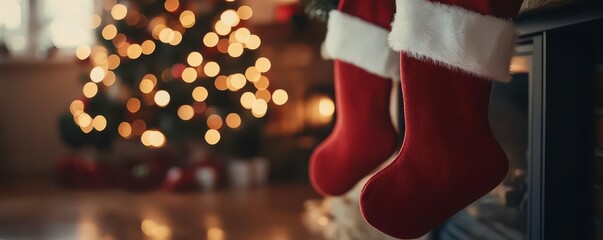 Festive stocking mockup with custom branding space, hung by a cozy fireplace with twinkling Christmas tree lights in the background