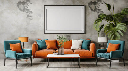 Scandinavian interior design of modern living room. Teal armchairs near orange sofa against wall with blank mock up frame.