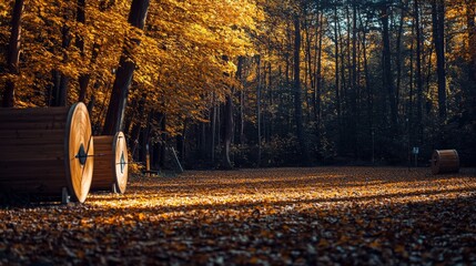 Wall Mural - A tranquil archery range surrounded by autumn foliage, Bows and arrows aligned for precision shooting, Natural outdoor style