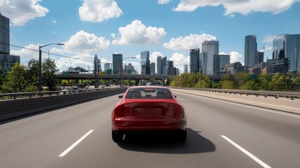 red car driving on a highway with a city skyline in the background.