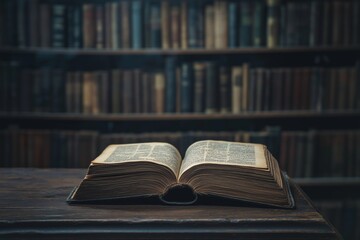 Wall Mural - A vintage open book on a wooden table with bookshelves in soft focus, evoking a sense of nostalgia and knowledge.