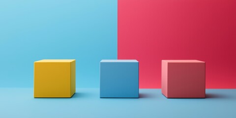 Three colored cubes rest on a vibrant floor against a half-and-half wall, illustrating balance and playful minimalism.