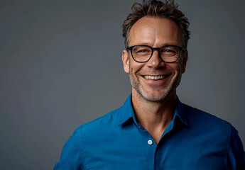 Portrait of a happy man wearing glasses and a blue shirt, smiling against a gray background.