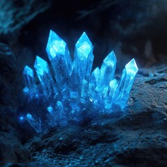 Wall Mural - a stunning cluster of blue crystals sparkling in a dark cave, showcasing natural beauty and mystical