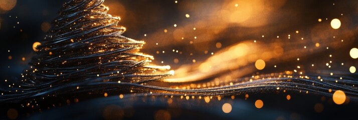 Fototapete - The artwork features a beautifully crafted silhouette of a Christmas tree formed by interlaced golden and silver lines, set against darkness. Generative AI