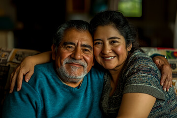 Portrait of a happy senior Hispanic couple hugging on a couch at home.