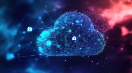 cloud computing technology concept transfer database to cloud. There is a prominent large cloud icon in the center and a small white icon on the connected polygons with a dark blue background.