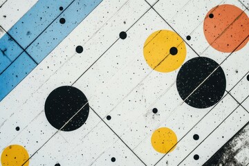 Wall Mural - Large and small circles are arranged in an abstract pattern on a striped diagonal background, showcasing vibrant colors and shapes. Generative AI