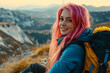 © luismolinero - Young Pretty pink-haired girl at outdoors with mountaineer backpack