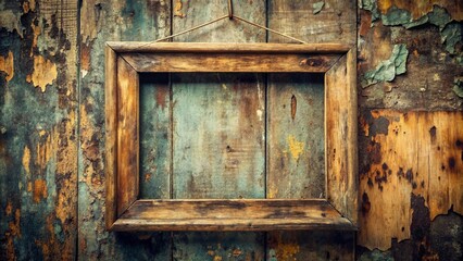 Wall Mural - An aged wooden frame hangs against a backdrop of weathered and worn wooden panels, showcasing a faded, rustic charm.