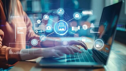 Person typing on laptop with digital network interface in focus, ideal for IT and online technology themes