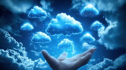 Sticker - Futuristic cloud computing background showcasing a businessmanâs hand with cloud icons, representing data transfer, secure online storage, and application system connectivity.