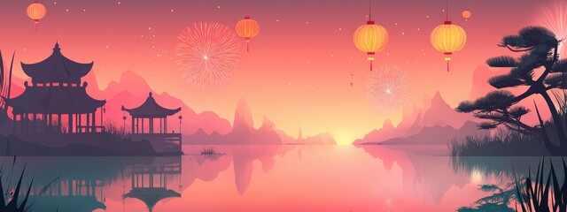 Poster - A serene landscape featuring glowing lanterns and fireworks over calm waters. Vibrant colors create a tranquil atmosphere, perfect for celebrations.